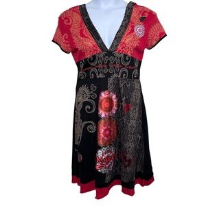 Desigual v neck empire waist dress size XL Y2K Whimsigoth mixed print Asian